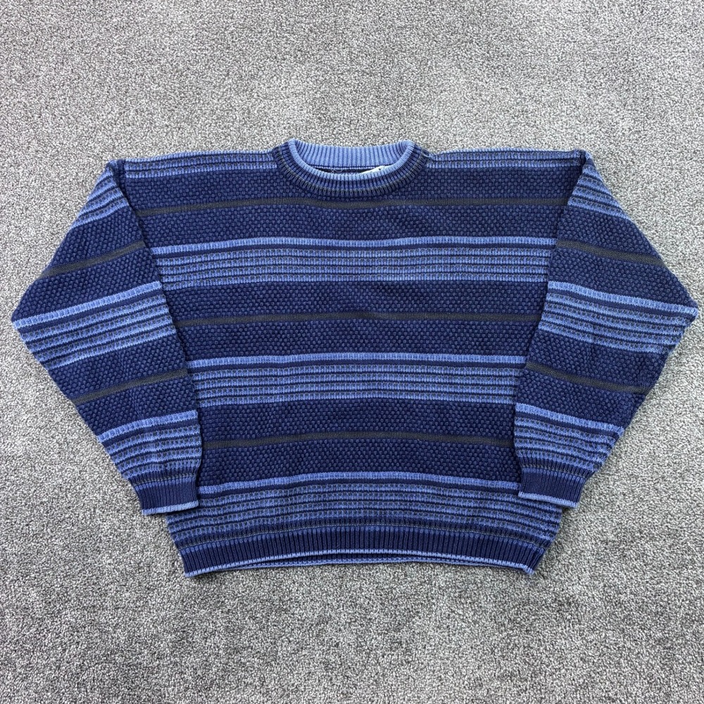 Vintage Basix Sweater Mens XL Blue Striped Textured Ramie Cotton 3D Knit
